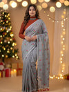 Indiehaat | Pure Cotton Half Embroidery Saree Gray