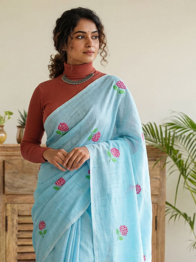 Indiehaat | Pure Cotton Half Embroidery Saree Blue