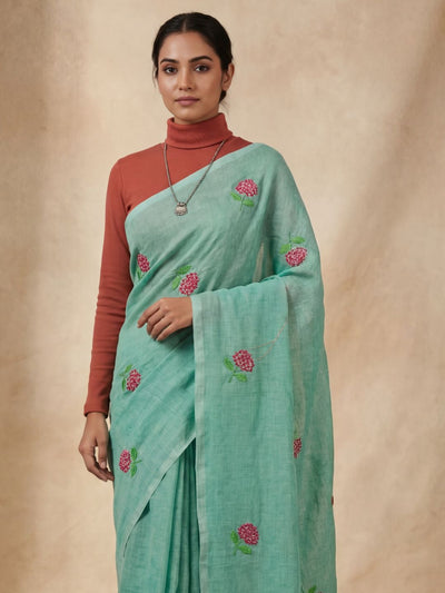 Indiehaat | Pure Cotton Half Embroidery Saree Green