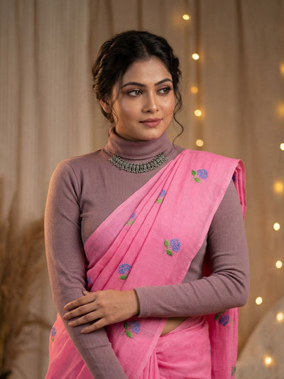 Indiehaat | Pure Cotton Half Embroidery Saree Pink