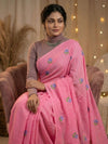 Indiehaat | Pure Cotton Half Embroidery Saree Pink