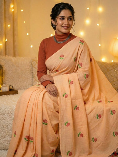 Indiehaat | Pure Cotton Half Embroidery Saree Beige