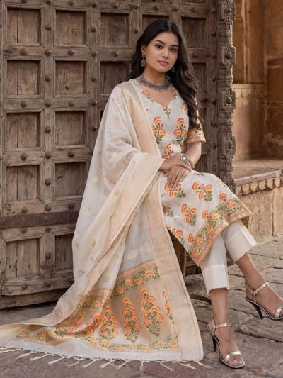 Indiehaat | Cotton Silk Blend Brocade Suit Cream