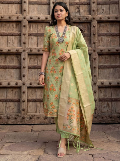 Shan-e-Banaras Cotton Silk Blend Brocade Suit Light Green