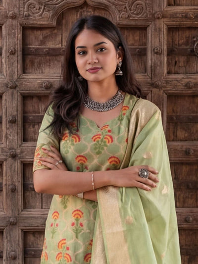 Indiehaat | Cotton Silk Blend Brocade Suit Green