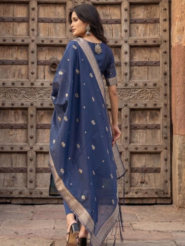 Indiehaat | Cotton Mix Brocade Stitched Suit Blue