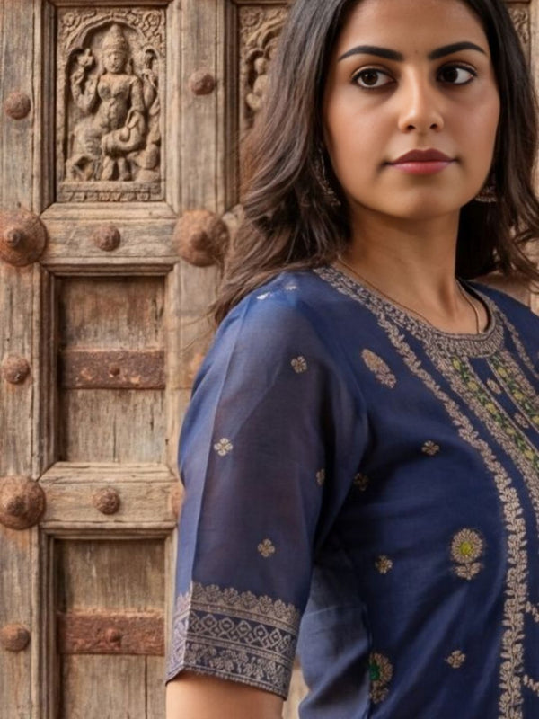 Indiehaat | Cotton Mix Brocade Stitched Suit Blue