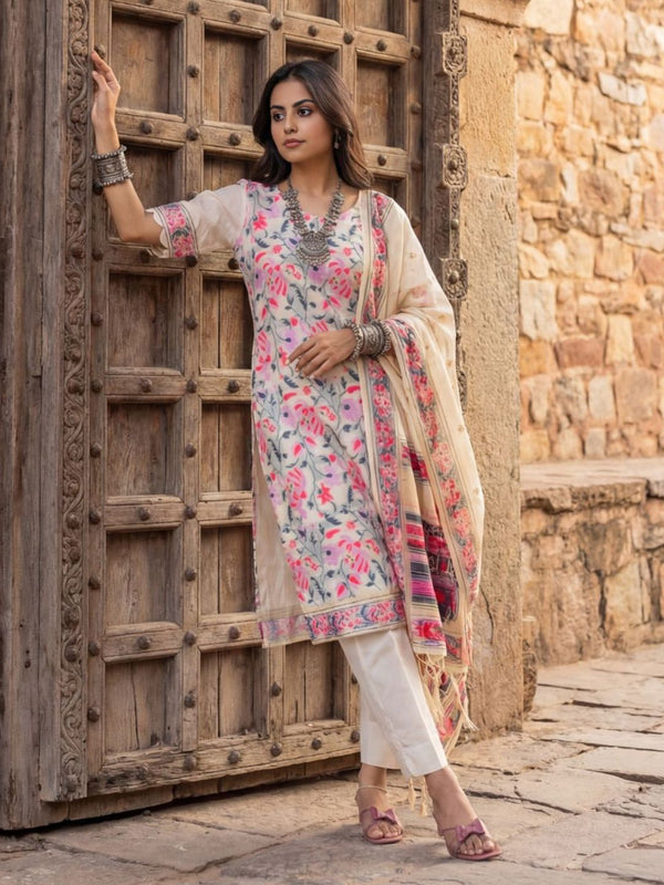 Indiehaat | Cotton Silk Blend Brocade Suit Cream