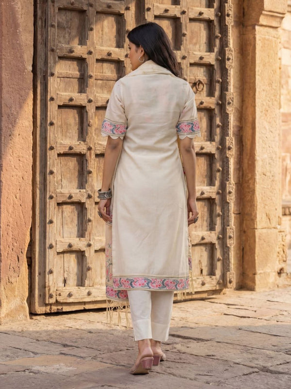 Indiehaat | Cotton Silk Blend Brocade Suit Cream