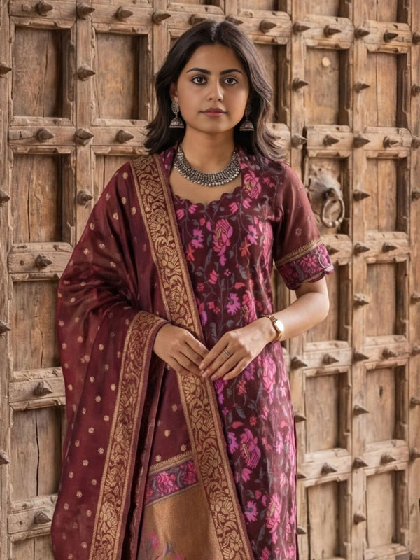 Indiehaat | Banarasi Silk Brocade Stitched Suit Brown