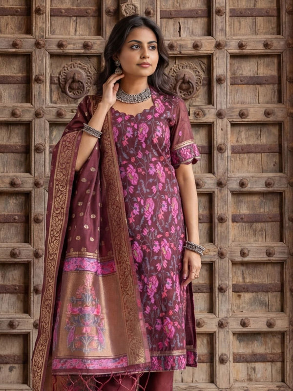 Indiehaat | Banarasi Silk Brocade Stitched Suit Brown
