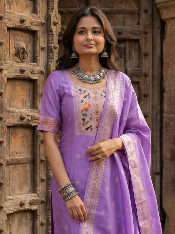 Indiehaat | Banarasi Silk Brocade Stitched Suit Purple