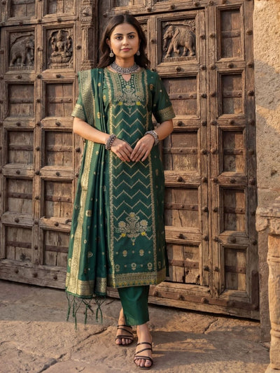 Shan-e-Banaras Cotton Mix Brocade Suit Dark Green