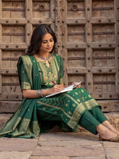 Indiehaat | Cotton Mix Brocade Stitched Suit Green