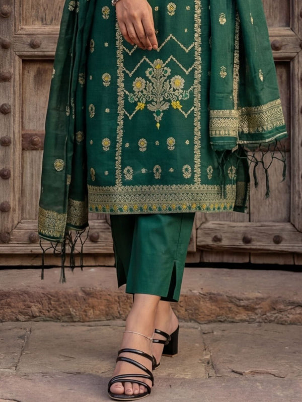 Indiehaat | Cotton Mix Brocade Stitched Suit Green