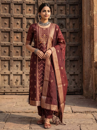 Shan-e-Banaras Cotton Mix Brocade Suit Deep Brown