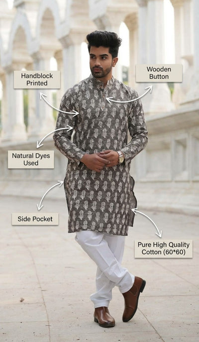 Indiehaat | Pure Cotton Block Print Kurta Pyjama Gray