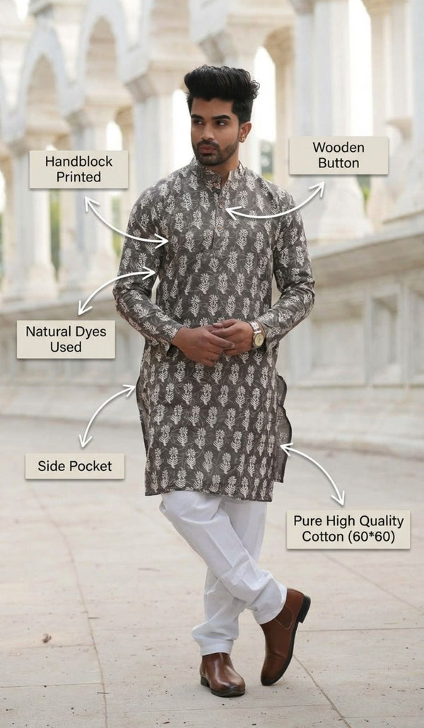Indiehaat | Pure Cotton Block Print Kurta Pyjama Gray