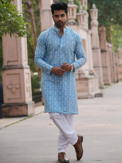 Indiehaat | Pure Cotton Block Print Kurta Pyjama Blue
