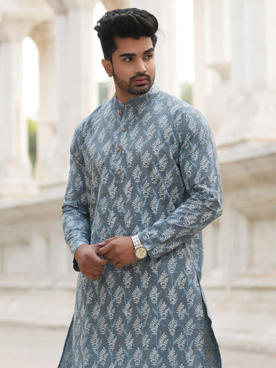 Indiehaat | Pure Cotton Block Print Kurta Pyjama Blue