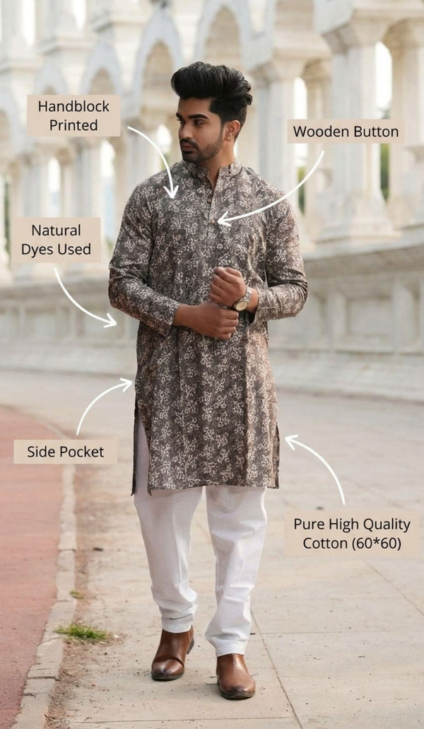 Indiehaat | Pure Cotton Block Print Kurta Pyjama Brown