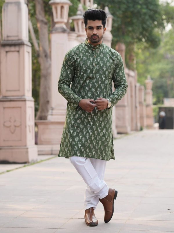 Indiehaat | Pure Cotton Block Print Kurta Pyjama Green