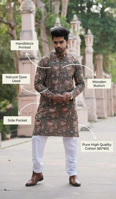 Indiehaat | Pure Cotton Block Print Kurta Pyjama Green