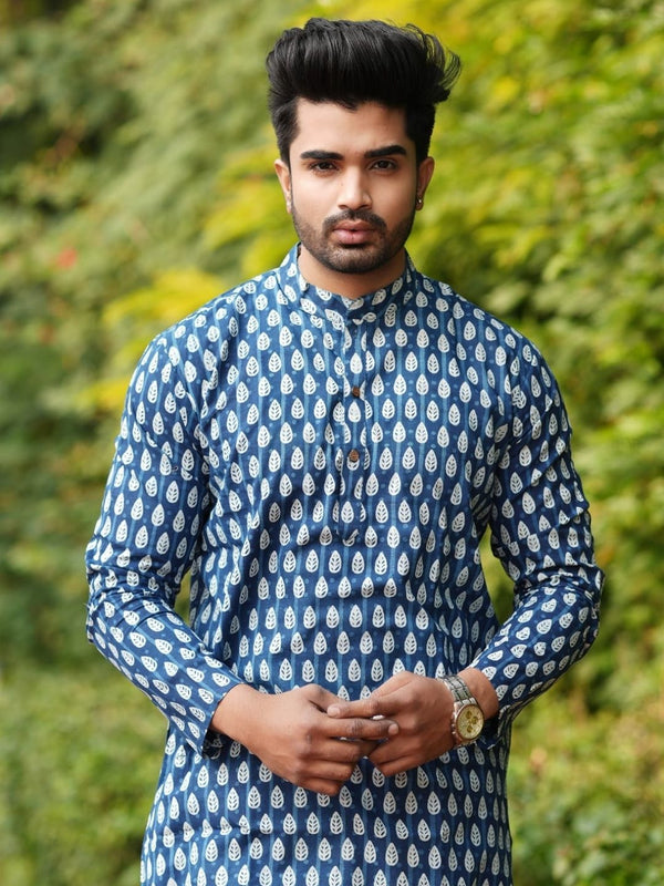 Indiehaat | Pure Cotton Block Print Kurta Pyjama Blue