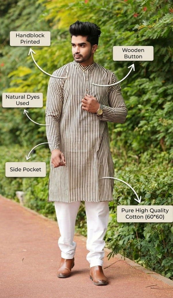 Indiehaat | Pure Cotton Block Print Kurta Pyjama Beige
