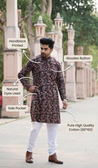 Indiehaat | Pure Cotton Block Print Kurta Pyjama Black