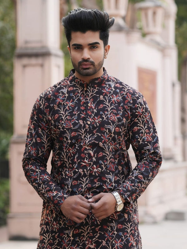 Indiehaat | Pure Cotton Block Print Kurta Pyjama Black