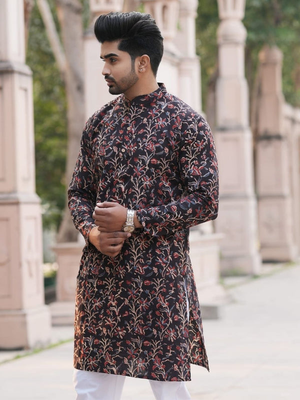 Indiehaat | Pure Cotton Block Print Kurta Pyjama Black