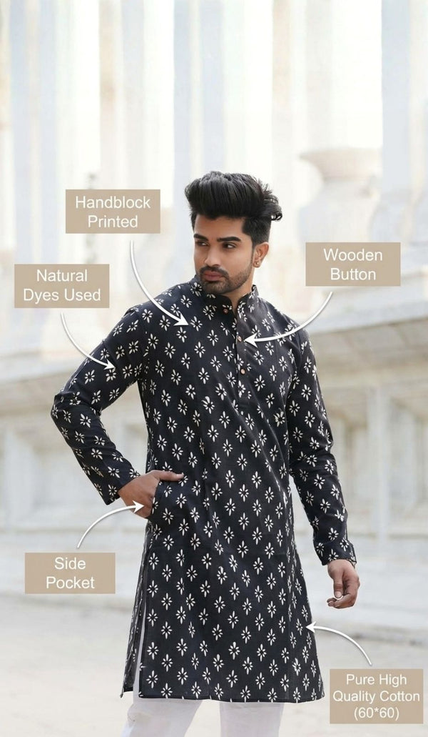 Indiehaat | Pure Cotton Block Print Kurta Pyjama Black