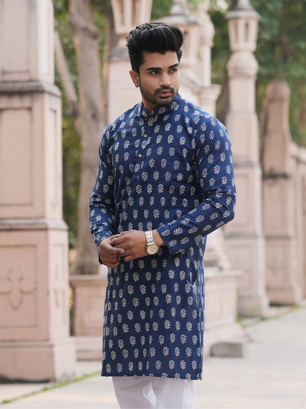 Indiehaat | Pure Cotton Block Print Kurta Pyjama Blue