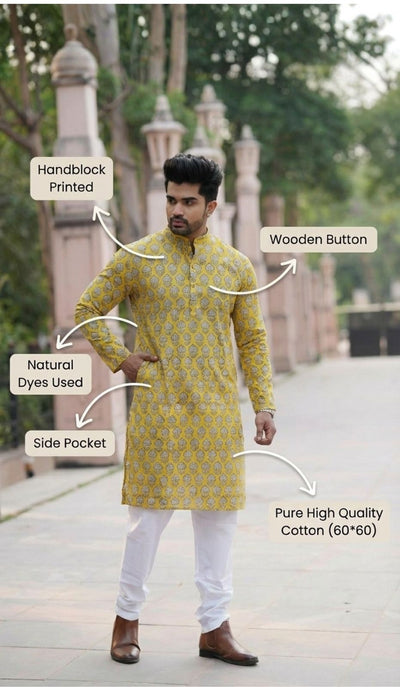 Indiehaat | Pure Cotton Block Print Kurta Pyjama Yellow