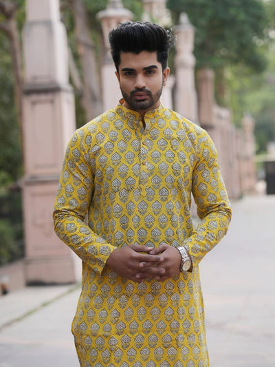 Indiehaat | Pure Cotton Block Print Kurta Pyjama Yellow