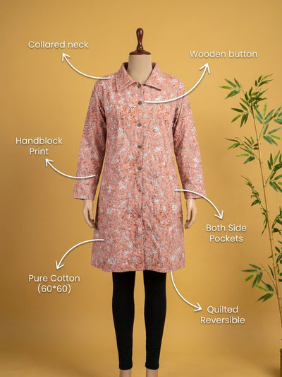 Indiehaat | Pure Cotton Blockprint Winter Jacket Pink