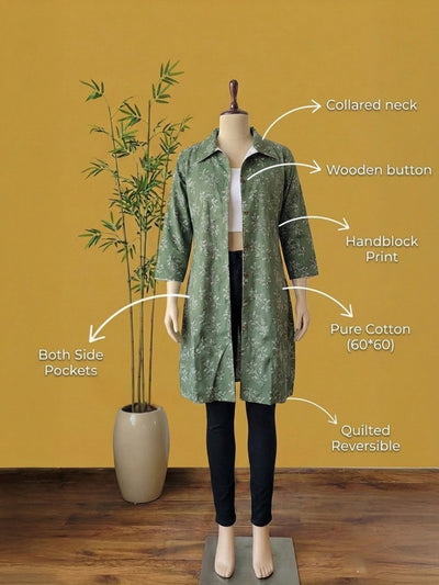 Indiehaat | Pure Cotton Blockprint Winter Jacket Green