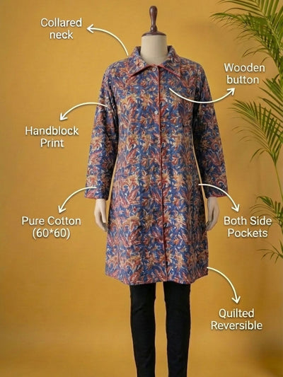 Indiehaat | Pure Cotton Blockprint Winter Jacket Blue