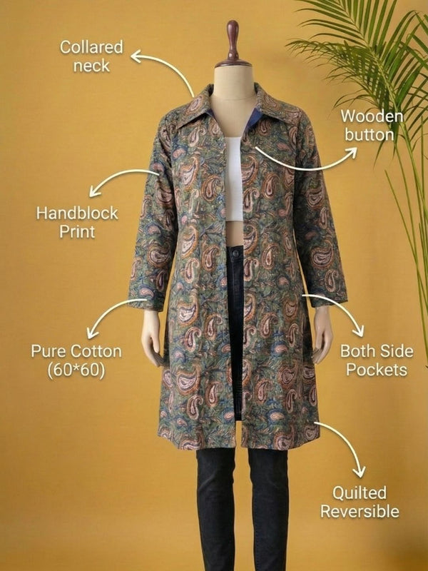Indiehaat | Pure Cotton Blockprint Winter Jacket Green