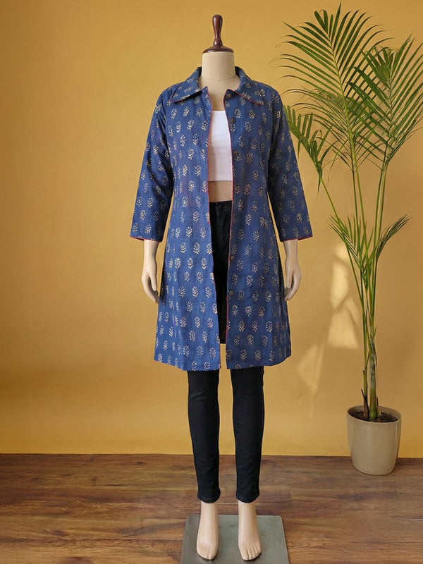 Indiehaat | Pure Cotton Blockprint Winter Jacket Blue