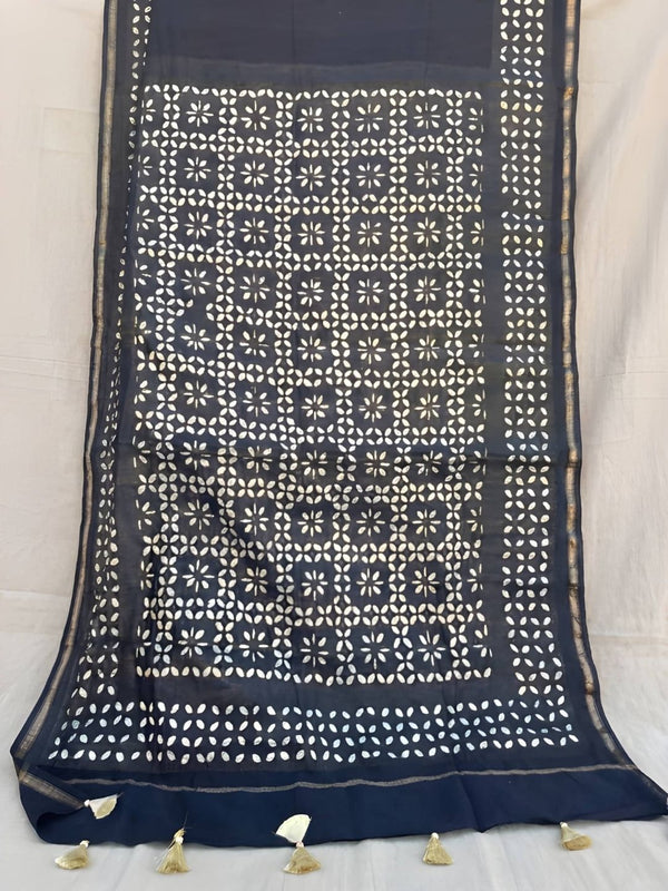 Indiehaat | Pure Chandei Silk Applique Saree Black