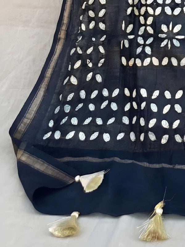 Indiehaat | Pure Chandei Silk Applique Saree Black