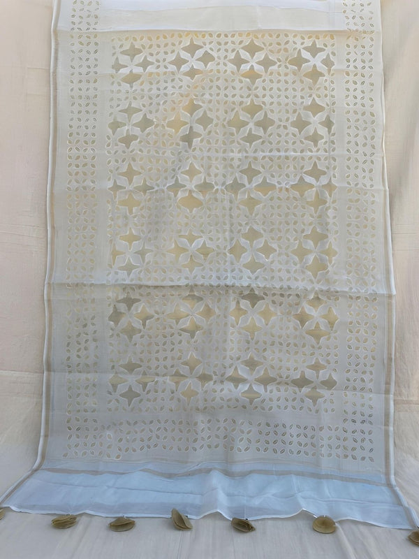 Indiehaat | Pure Chandei Silk Applique Saree White