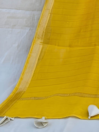 Indiehaat | Pure Chandei Silk Applique Saree Yellow