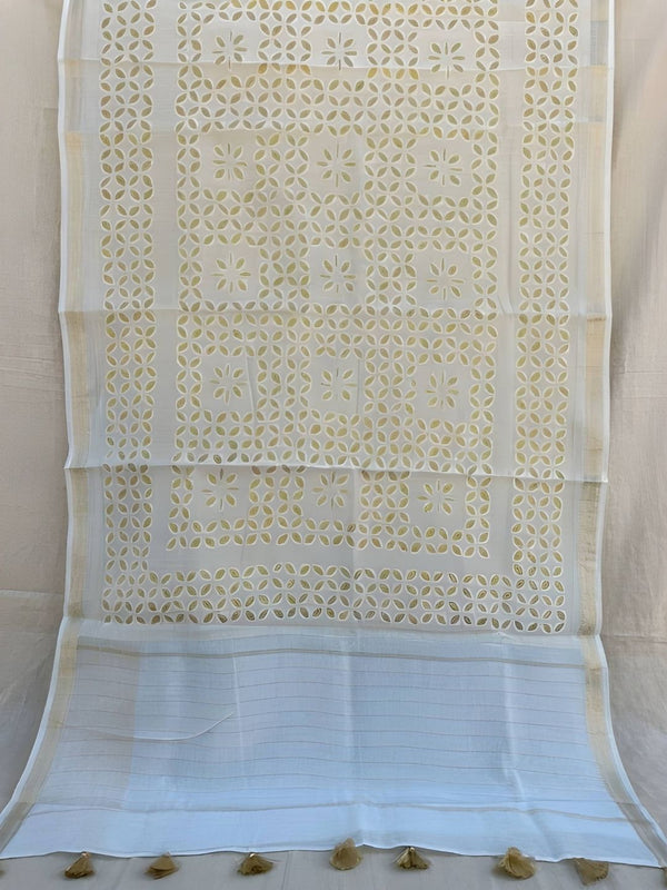 Indiehaat | Pure Chandei Silk Applique Saree White