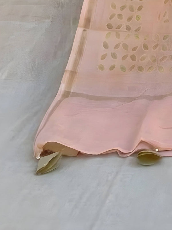 Indiehaat | Pure Chandei Silk Applique Saree Peach