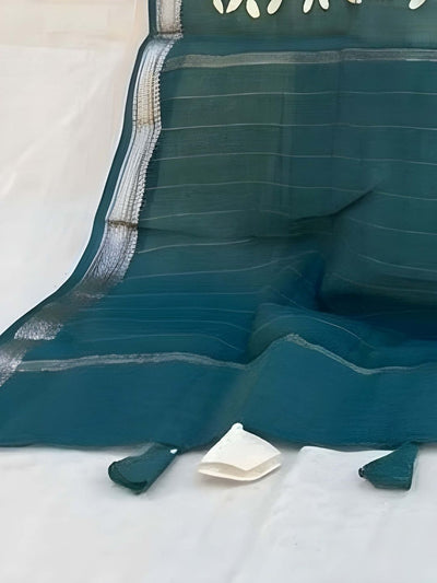 Indiehaat | Pure Chandei Silk Applique Saree Green