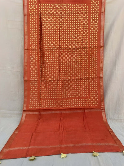 Indiehaat | Pure Chandei Silk Applique Saree Orange