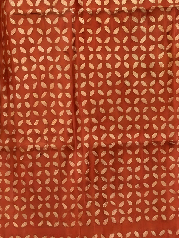 Indiehaat | Pure Chandei Silk Applique Saree Orange